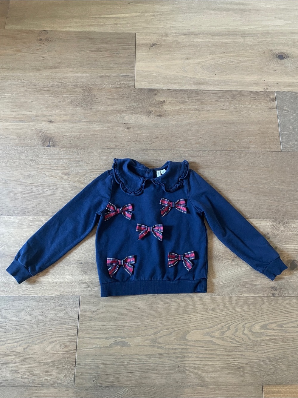 Janie and Jack Tartan Bow Sweatshirt Size 7 Navy Blue